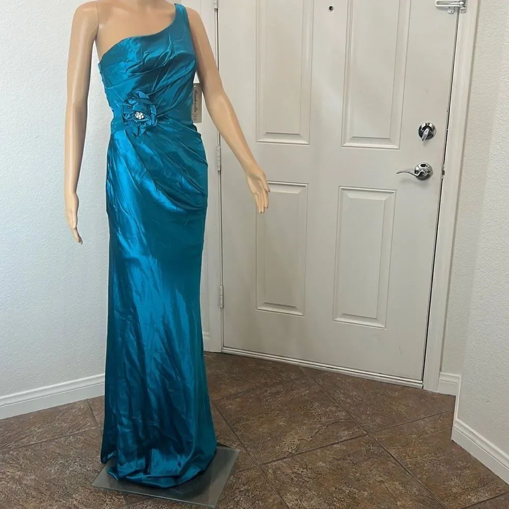 Cinderella Divine Dress XS One Shoulder Teal Green Diamond Floral Ruched Waist